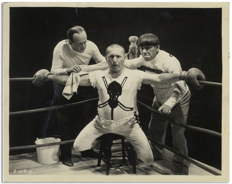 10 x 8 Glossy Photo From the 1934 Three Stooges Film Punch Drunks -- Diagonal Crease at Left, Else Very Good Condition